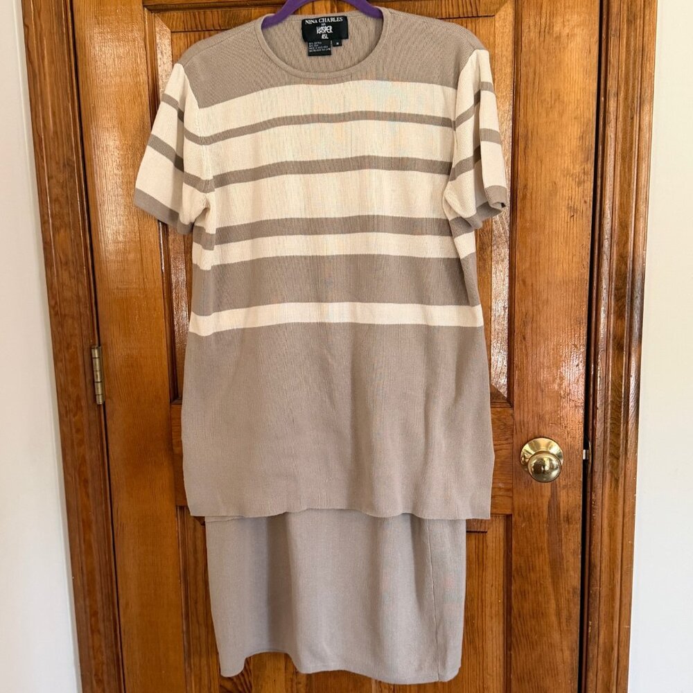 Cotton & Silk Knit Tan & Cream Skirt Set by Kasper  - M